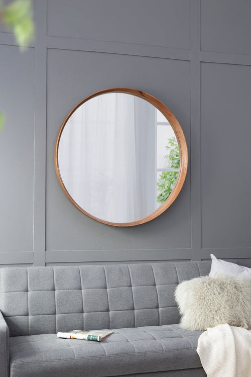 Miroir mural rond au cadre en bois marron, Ø 100 cm